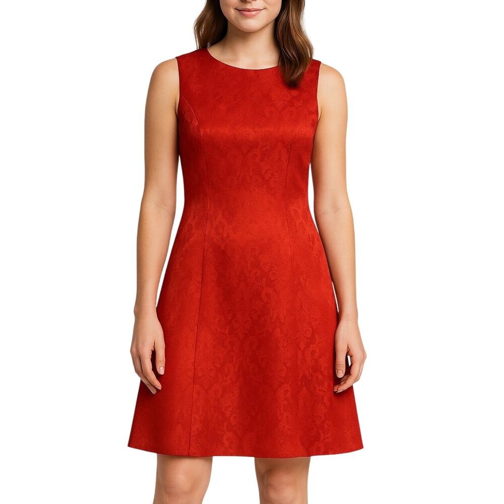 Eva Mendes NY & Co. Red Jacquard Sleeveless High Neck Sheath Dress Fit Flare 8